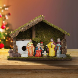 Betlehemes karácsonyi asztali dekoráció (kerámia és fa)