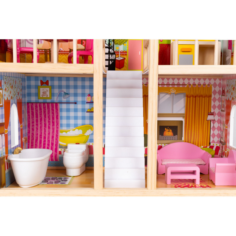 Fa baba ház bútor 3 emelet Ecotoys - gyerekszoba kiegészítők, minőségi fa játékok, baba ház berendezés