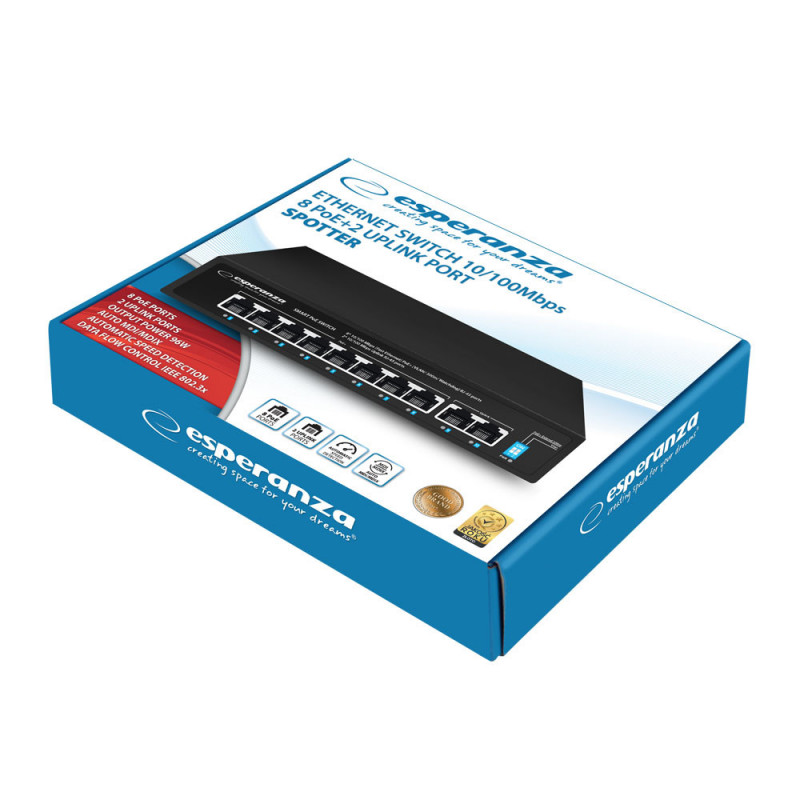 Esperanza 8 portos PoE Ethernet kapcsoló + 2 Uplink port, 10/100 sebességgel, Spotter funkcióval - ENS106