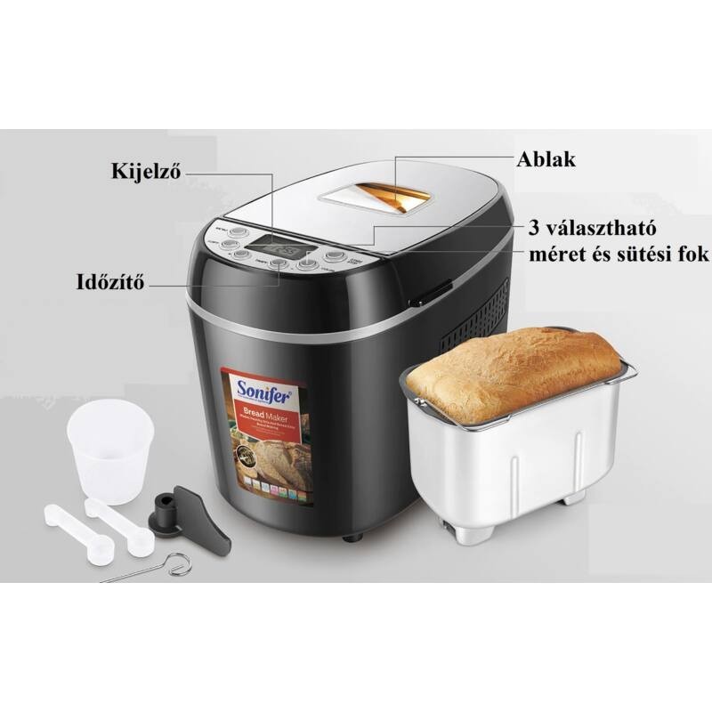 Sonifer kenyérsütő készülék 12 programmal, melegen tartó funkcióval, 870W, fekete