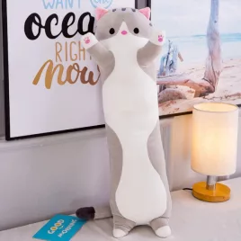   Plüss macska figura 90 cm, szürke színű, dekorációs és ölelhető játék