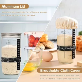   Kovászos Kezdőkészlet - 24oz Üvegedény Dátummal Jelölt Adagolószalaggal, Hőmérővel, Szövethuzattal és Fém Fedéllel - Ideális Otthoni Kenyérsütéshez