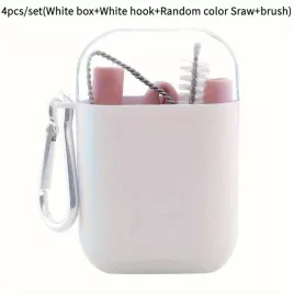   4db Szilikon Újrahasználható Szívószál Készlet Hordozható Tokkal, Kék Színben - 4db/készlet