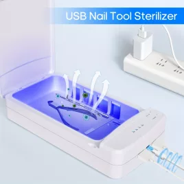   Hordozható kék fényes köröm-sterilizátor USB csatlakozással – ideális otthoni manikűrhöz és szalon használatra!