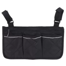   Kerekesszékes tároló táska cipzárral és állítható hevederekkel, Fekete színű, praktikus kiegészítő kerekesszékhez