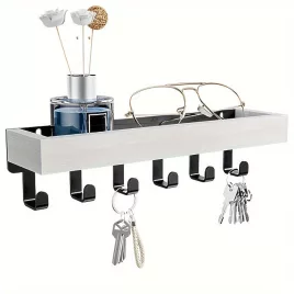   Falra szerelhető fehér fa ruhafogas kulcstartó tálcával, praktikus tárolási megoldás bejárati előszobába