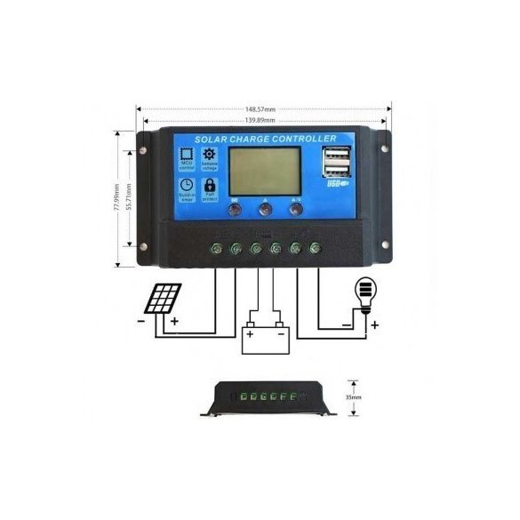 30A-es 36V Napelem Töltésvezérlő USB Kimenettel és LCD Kijelzővel, Napenergia Rendszerekhez