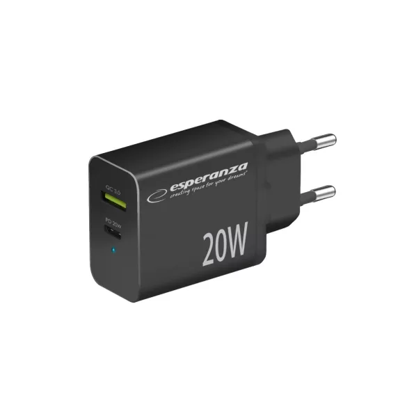 Esperanza hálózati gyorstöltő 20W USB-C PD / USB-A QC 3.0 18W fekete