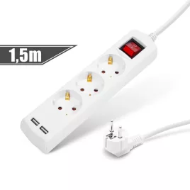   Delight Elosztó 3-as - 3 x 1,5 mm - 1,5 m - 2 x USB-vel - kapcsolós