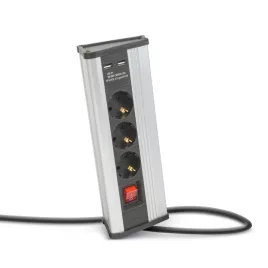   Delight Sarokelosztó - kapcsolós - 3 x 250V, 16A - 2 x USB, 2,1A - alumínium ház