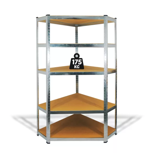 5 szintes fém sarokpolc állvány, max. 175 kg, 180 x 90 x 30 cm