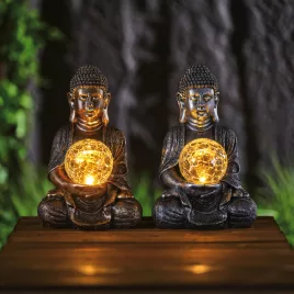   Garden of Eden szolár Buddha szobor, 1 melegfehér LED, műgyanta, 17 x 15 x 26 cm, 2 féle