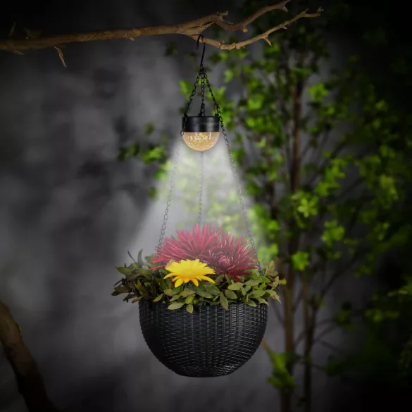 Garden of Eden felakasztható LED szolár virág kaspó, fekete, műanyag, 26 x 16 cm