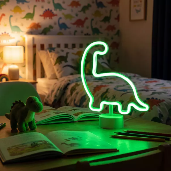 Phenom zöld dinoszaurusz neon LED gyereklámpa, 3 x AA + USB, 25,9 x 8,5 x 24,3 cm