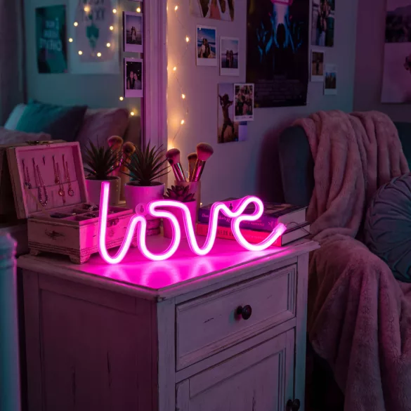 Phenom Neon LED éjjeli fény Love rózsaszín, 3 x AA + USB, 34 x 1.6 x 12,5 cm