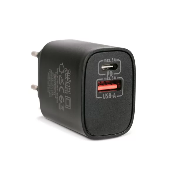 Delight hálózati adapter USB + Type-C PD20W gyorstöltéssel, fekete