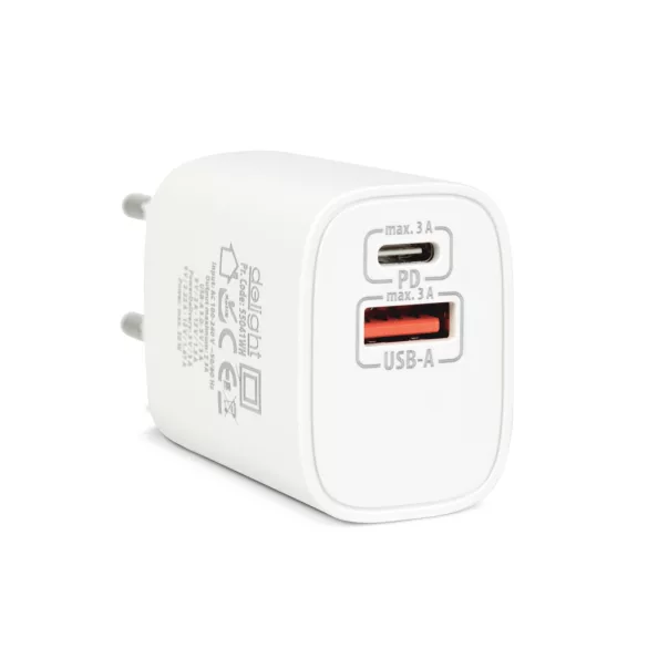 Delight hálózati adapter USB + Type-C PD20W gyorstöltéssel, fehér