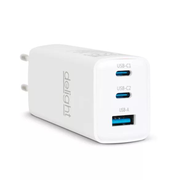 Delight hálózati töltő USB-A 20W + Type-C PD45W gyorstöltéssel, fehér
