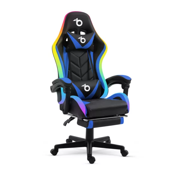 BeMaDa RGB LED-es gamer szék karfával és párnával, fekete/kék