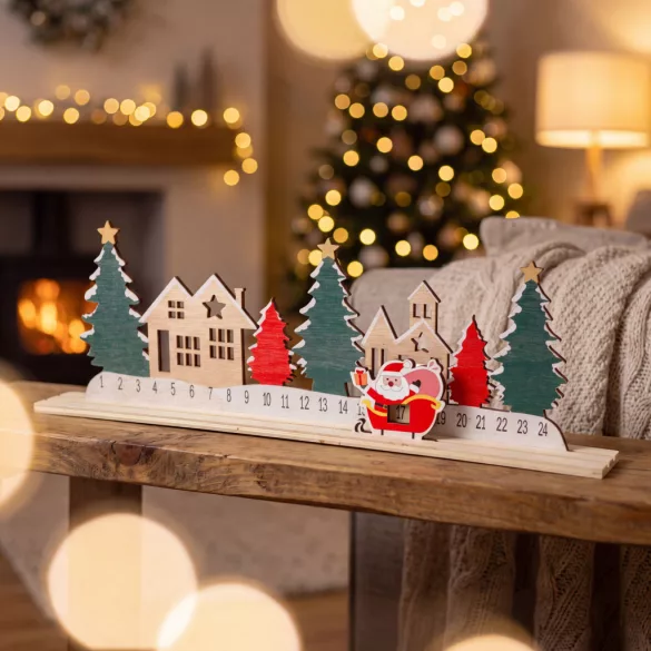 Bewello adventi naptár karácsonyi falu mintával, MDF, 40 x 12 cm