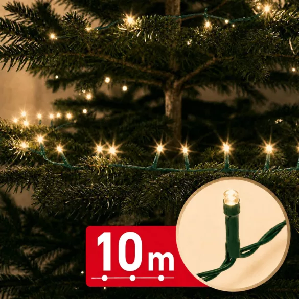 Phenom 10 m-es 200 LED-es melegfehér fényfüzér, zöld kábellel, 100-240V, 6W