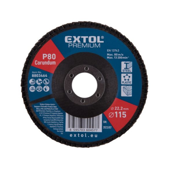 EXTOL PREMIUM lamellás csiszoló acél, Alu, műa. és fa munkadarabok csiszolására, 115×22mm; P40, kúpos, max.:13.200 ford./perc, E