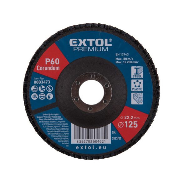 EXTOL PREMIUM lamellás csiszoló acél, Alu, műa. és fa munkadarabok csiszolására, 125×22mm; P100, kúpos,max.:12.300 ford./perc, E