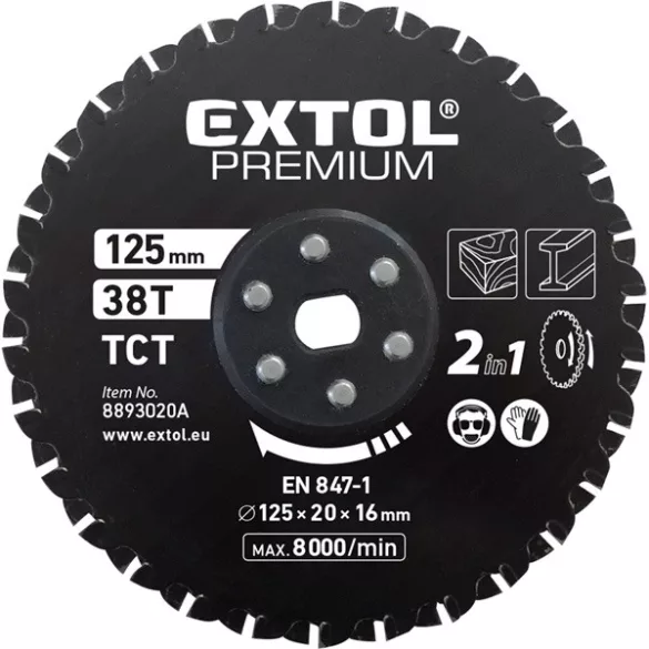 EXTOL PREMIUM keményfémlapkás fűrészlap 125×20×16mm 38T fémre és fára 8893020 vágógéphez