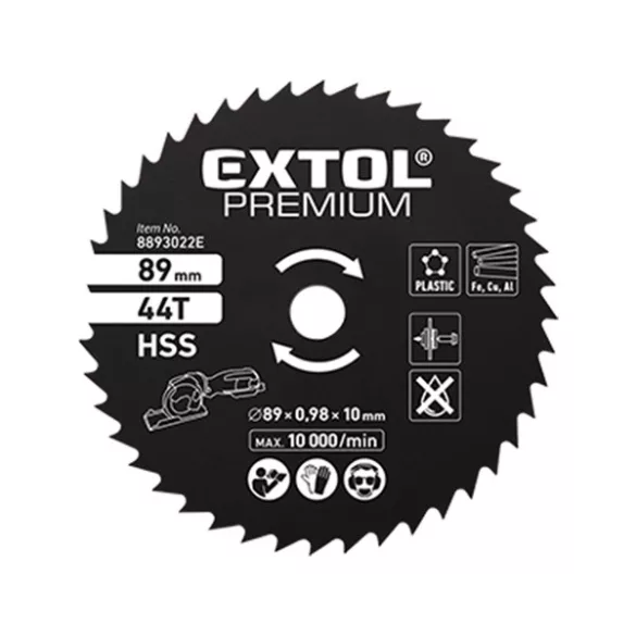 EXTOL PREMIUM HSS körfűrészlap 89mm 44T mini körfűrészhez, műanyaghoz, puhafémhez, gipszkartonhoz