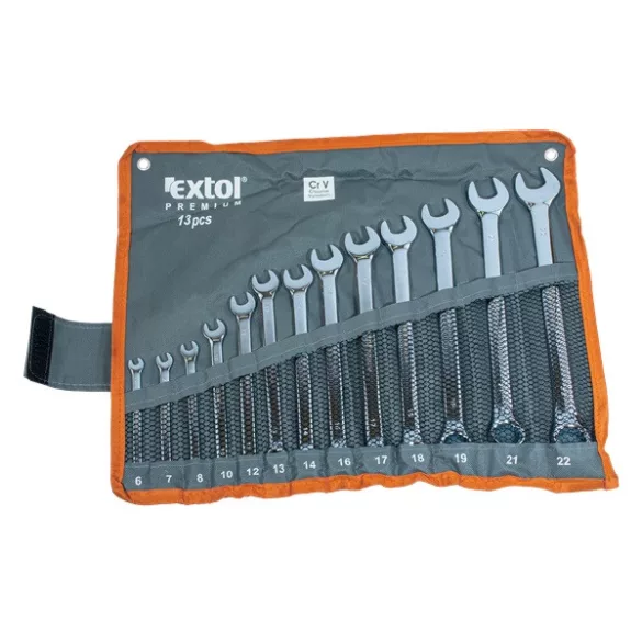 EXTOL PREMIUM csillag-villás kulcs készlet, hosszított, CrV, 13db, 6-22mm, vászon tartóban