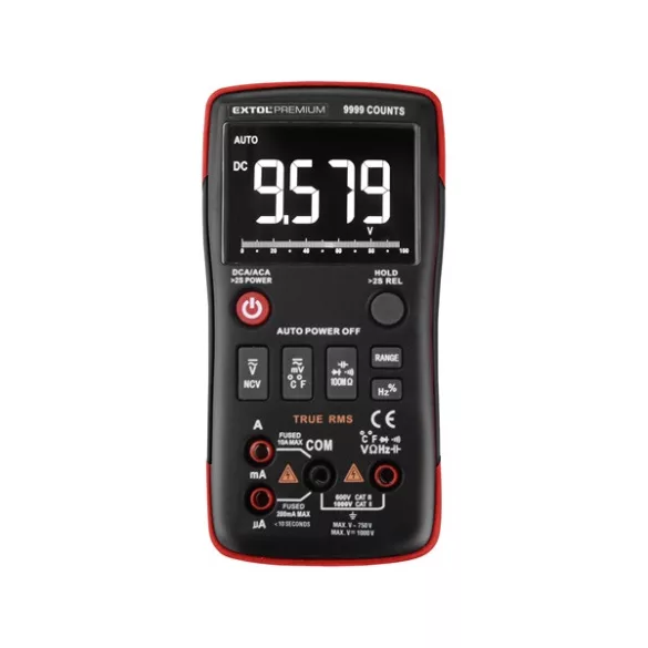 EXTOL PREMIUM digitális multiméter True RMS hangjelzővel, Amper/Volt/Ohm mérő, 2 db 1,5V AA elem
