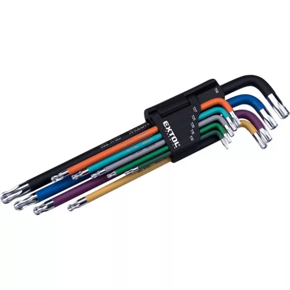 EXTOL PREMIUM Torx kulcs készlet 9db T10-T50 extra hosszú, krómozott, S2, több színű