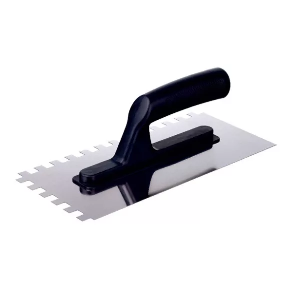 EXTOL CRAFT rozsdamentes glettelőkanál csempézőhöz 270×128×80mm 6×6mm műanyag nyél