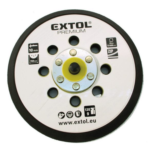 EXTOL PREMIUM tartalék gumi talp 8865038 rotációs csiszológéphez, 6'/150mm, 8 db lyuk, tépőzáras, max. 12.000/perc, vastagság: 1