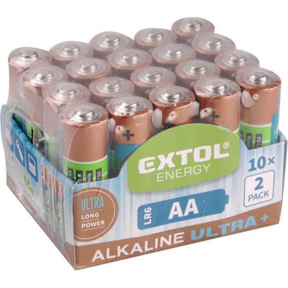 EXTOL ENERGY elem klt. 20 db, alkáli, 1,5V, méret: AA (LR6); hosszú étettartam, 10×2db-os kínálóban