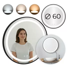   ModernHome kerek LED fürdőszobai tükör, falra szerelhető, 60 cm, 3 szín, érintőkapcsoló