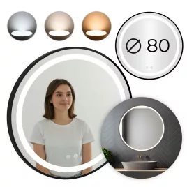   ModernHome kerek LED fürdőszobatükör, falra szerelhető, 80 cm, 3 szín, érintőkapcsolós, fényerőszabályzós