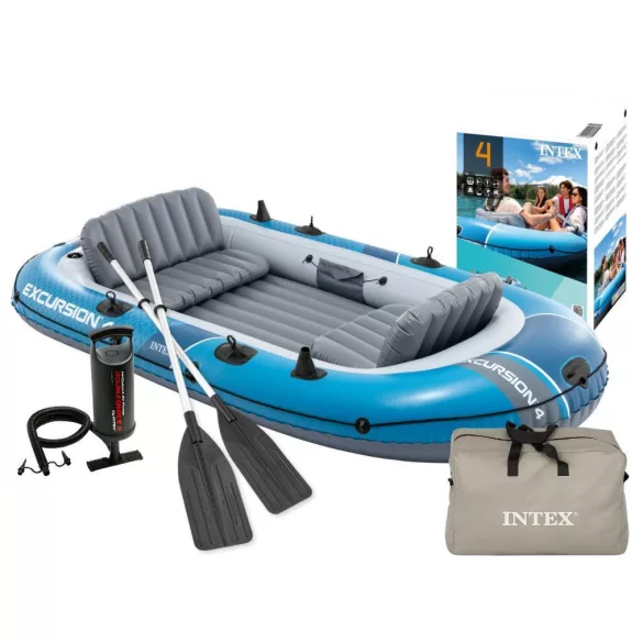 INTEX Excursion 4 felfújható csónak 4 személyes, pumpával, 2 evezővel és táskával