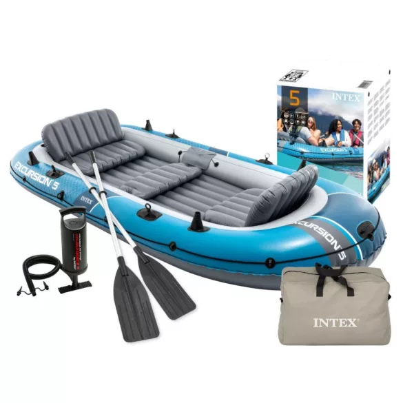 INTEX Excursion 5 felfújható csónak 5 személyes, pumpával, 2 evezővel és táskával
