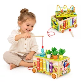   ECOTOYS 8 az 1-ben fa oktatókocka béka, húzható, formabedobó, xilofon, kukacfogó