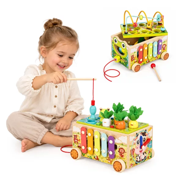 ECOTOYS 8 az 1-ben fa oktatókocka béka, húzható, formabedobó, xilofon, kukacfogó