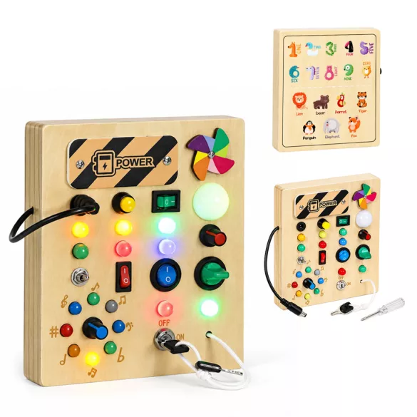 ECOTOYS fa interaktív készségfejlesztő tábla LED fénykapcsolókkal
