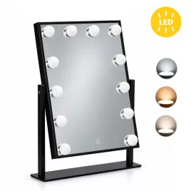   ModernHome LED sminktükör 30x40 cm, 3 színnel, 12 izzóval, fekete