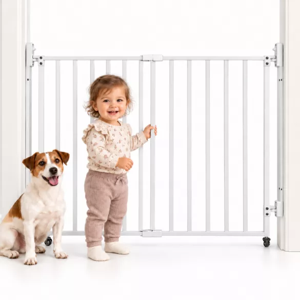 ECOTOYS fehér acél biztonsági rács lépcsőhöz és ajtónyíláshoz 65-106 cm, kerekekkel