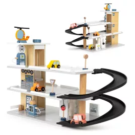   ECOTOYS nagy fa parkológarázs lifttel, autókkal, helikopterrel és autómosóval