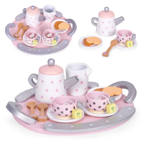 ECOTOYS fa teáskészlet gyerekeknek, csészékkel és kannával, 15 részes