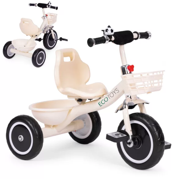 ECOTOYS tricikli csúszásmentes markolattal, csengővel, kosárral, bézs