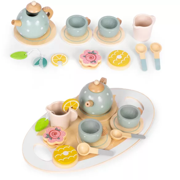 ECOTOYS fa teáskészlet gyerekeknek, teáskanna és csészék, 14 részes