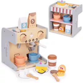   ECOTOYS fa kávéfőző gyerekeknek, 2-in-1 bolti-barista szett, 26 kiegészítővel