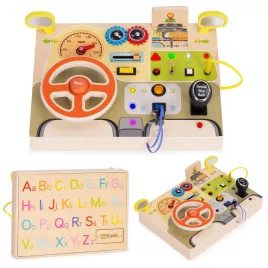   ECOTOYS fa LED szenzoros foglalatossági tábla gyerekeknek, autókormánnyal, 14 darabos